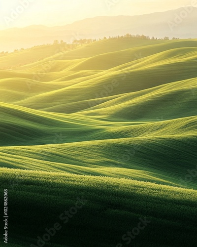 Sunset over a green field with a beautiful sky, clouds, and sunlight illuminating the countryside landscape