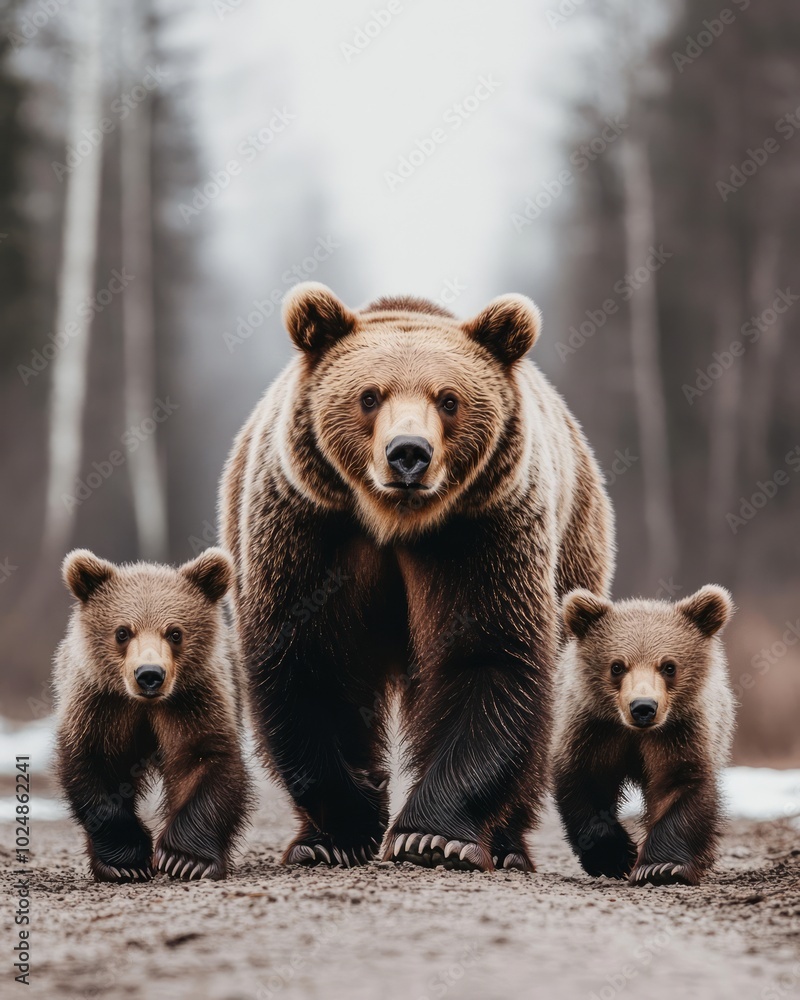 A mother bear and two cubs walking together in a natural setting. A mother bear and two cubs walking together in a natural setting.