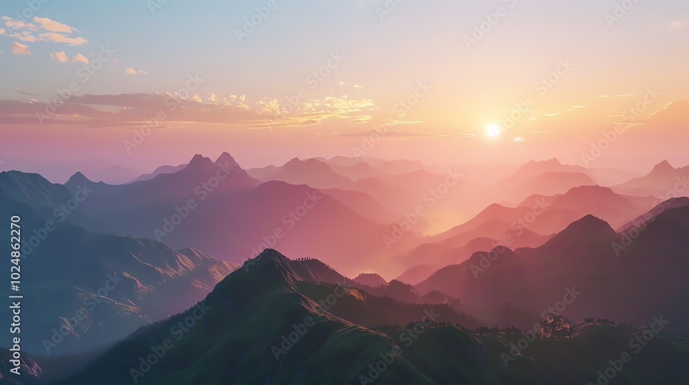 Obraz premium A picturesque mountain range bathed in the warm glow of a setting sun.