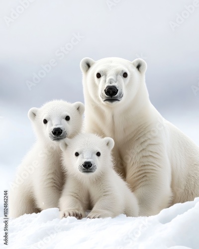 A mother polar bear with two cubs in a snowy landscape.