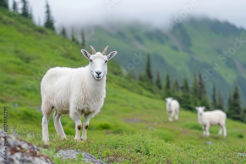 A mountain goat stands in a lush green landscape with misty hills in the background.