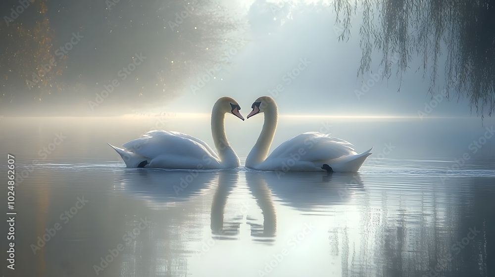 Fototapeta premium Couple of swans swimming on a calm lake An elegant pair of swans swimming in sync on a smooth lake surrounded by lush vegetation.