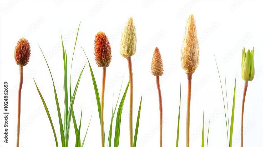 A row of seven grass plants with different stages of bud development, isolated on a white background. A row of seven grass plants with different stages of bud development, isolated on a white background.