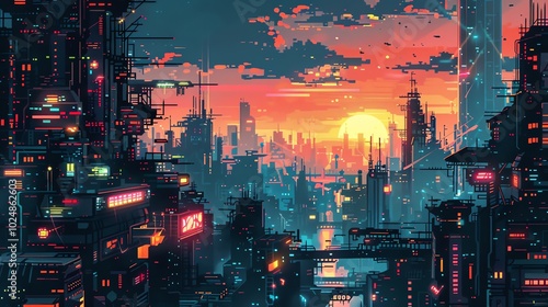 A futuristic city skyline at sunset, rendered in a pixel art style.
