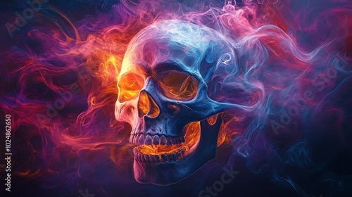 A skull fading into a swirl of neon-colored graffiti smoke, its form blurred and distorted by the vibrant hues of purple, blue, and orange. The smoke creates a sense of motion and fluidity,