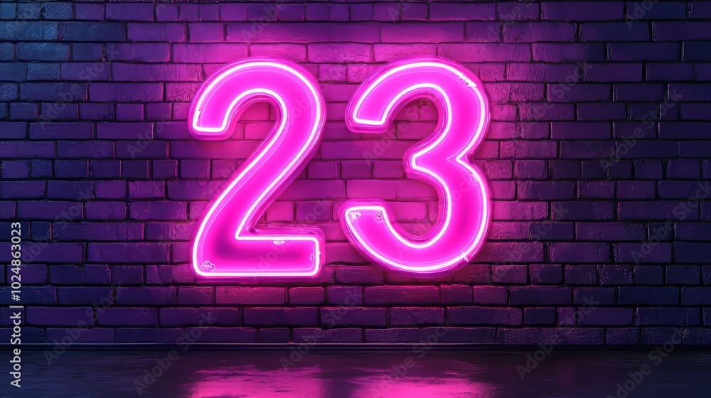 Number 23, Pink Neon Sign on Brick Wall. Numeral, Figure. Concept of Birthday, Anniversary Number 23, Pink Neon Sign on Brick Wall. Numeral, Figure. Concept of Birthday, Anniversary