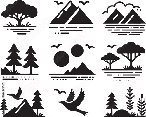 Flat design mountain range silhouette vector icon set