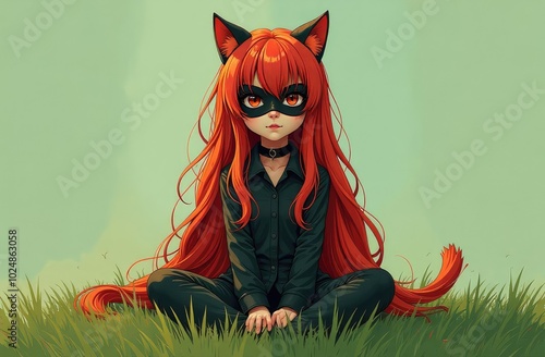 quadrobers, a girl in a cat mask sitting on the grass photo