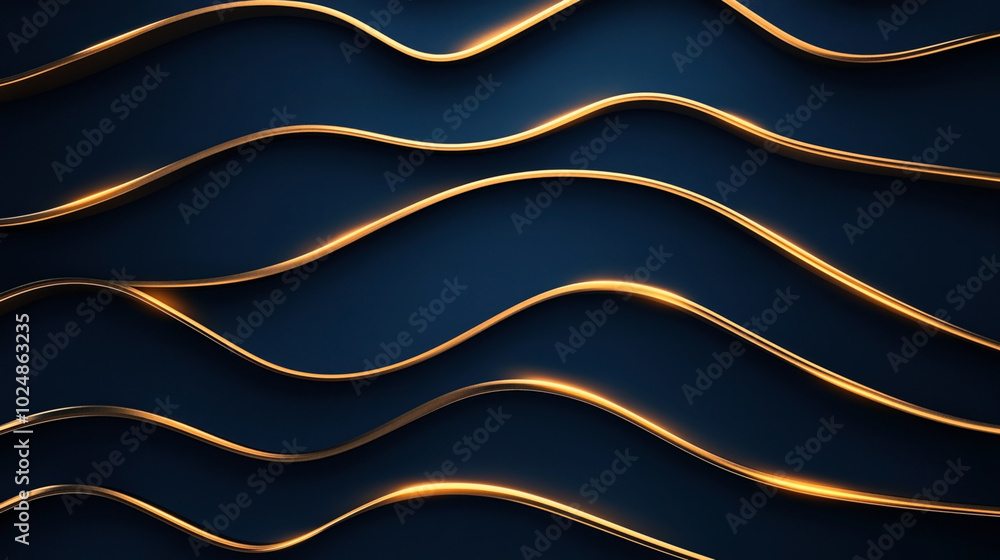 Obraz premium Abstract background featuring elegant curved golden lines on a dark blue surface, creating a luxurious wave-like pattern with a sense of light reflection and depth.