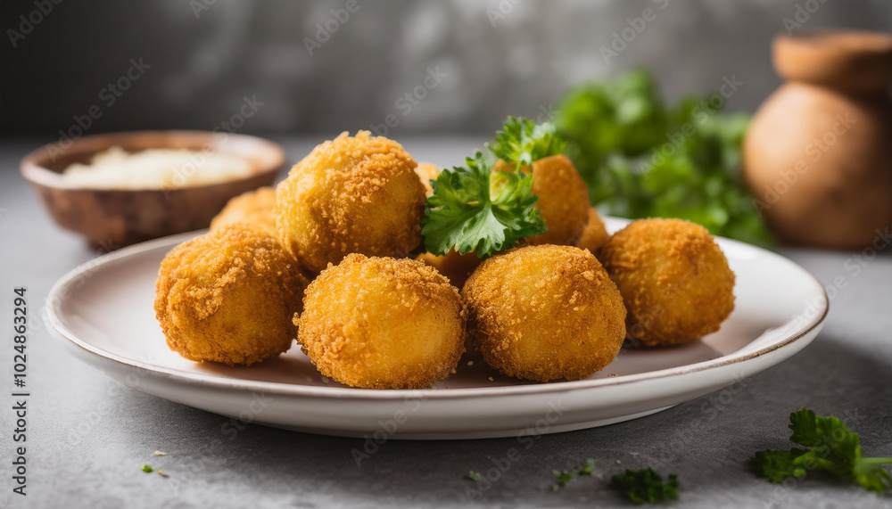 Breaded potato balls with fresh parsley on white ceramic plate. Tasty food. Delicious meal. Breaded potato balls with fresh parsley on white ceramic plate. Tasty food. Delicious meal.