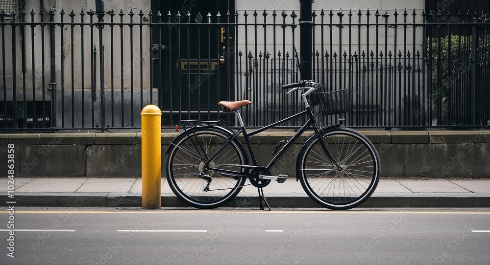 Bicycle parked near a metal fence on quiet street Bicycle parked near a metal fence on quiet street