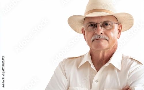 On a transparent background or clear surface, a forest ranger man is standing in attention.