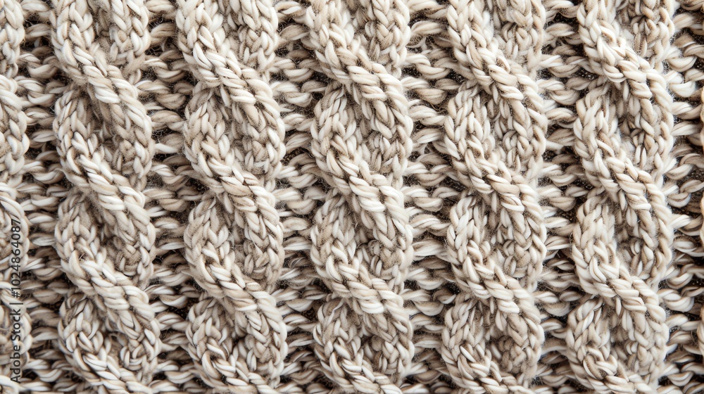 A close-up of a knitted fabric with a cable knit pattern in beige and white. A close-up of a knitted fabric with a cable knit pattern in beige and white.
