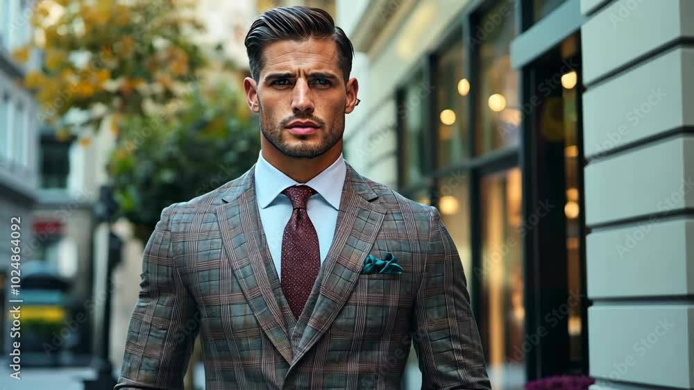 A man in a plaid suit stands on a city street, looking directly at the camera A man in a plaid suit stands on a city street, looking directly at the camera
