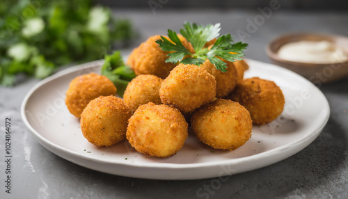 Breaded potato balls with fresh parsley on white ceramic plate. Tasty food. Delicious meal.