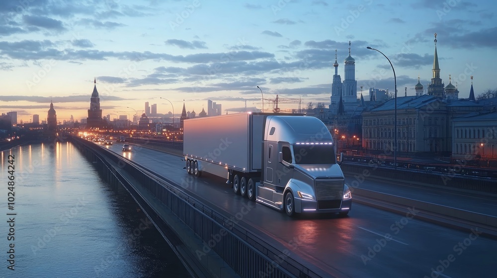 Naklejka premium A semi-trailer truck drives on a highway bridge over a river at dusk with a city skyline in the background.