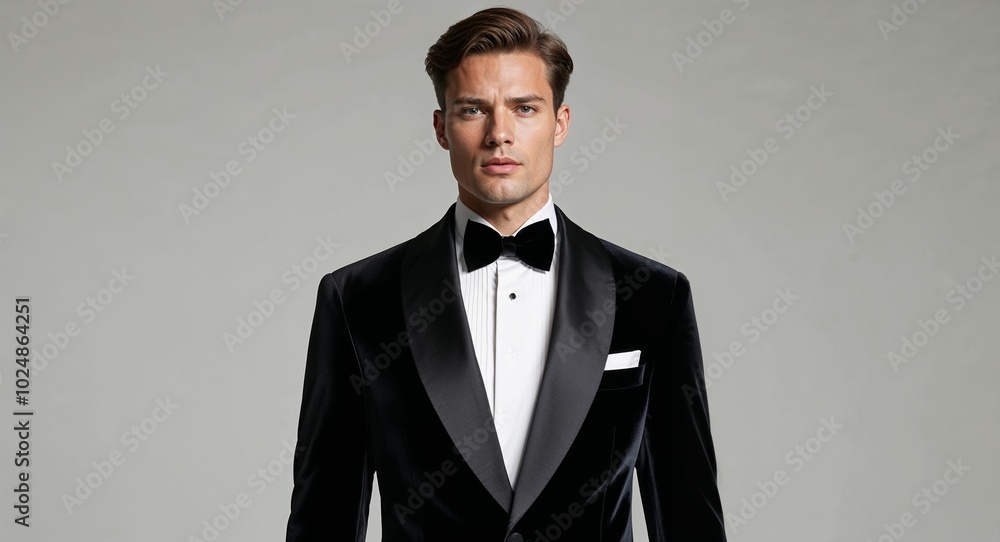 Black velvet tuxedo jacket with satin lapels on plain white background Black velvet tuxedo jacket with satin lapels on plain white background