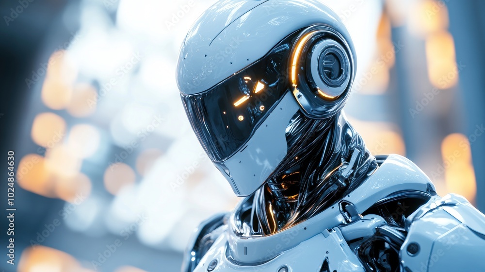 Close-up of a white robot's face with glowing orange details Close-up of a white robot's face with glowing orange details