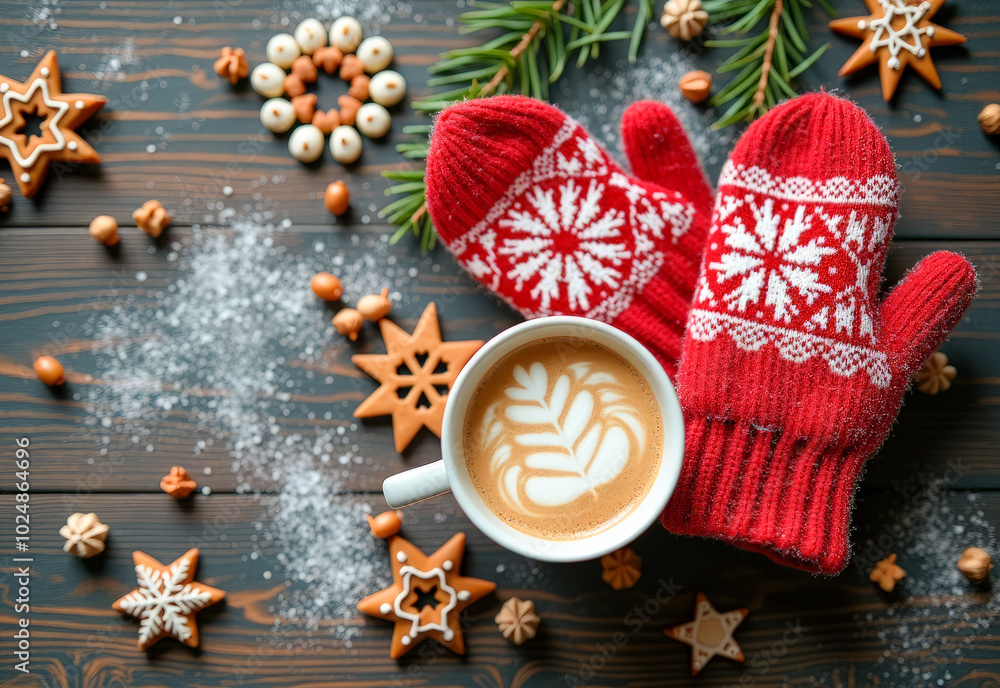 Fototapeta premium Christmas background, gingerbread cookies red mittens coffee cup spruce branches snow balls, top view