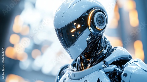Close-up of a white robot's face with glowing orange details