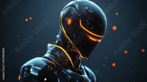 A futuristic metallic robot with glowing orange accents, its head tilted down in a contemplative pose.