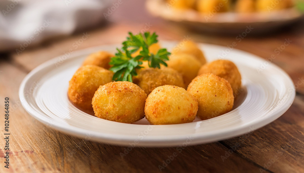 Breaded potato balls with fresh parsley on white ceramic plate. Tasty food. Delicious meal. Breaded potato balls with fresh parsley on white ceramic plate. Tasty food. Delicious meal.