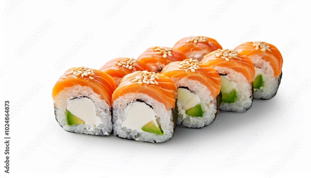 maki roll with salmon avocado sesame and cream cheese isolated on white background with clipping path maki roll with salmon avocado sesame and cream cheese isolated on white background with clipping path