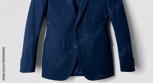 Dark blue tailored suit jacket with slim fit on plain white background photo