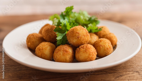 Breaded potato balls with fresh parsley on white ceramic plate. Tasty food. Delicious meal.