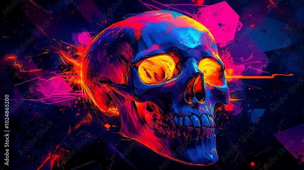 Fototapeta premium A skull made up of geometric shapes like cubes, hexagons, and triangles, covered in swirling abstract graffiti lines and vibrant splashes of color. The neon hues—electric blue, magenta,