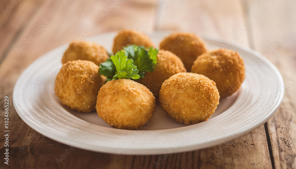Breaded potato balls with fresh parsley on white ceramic plate. Tasty food. Delicious meal. Breaded potato balls with fresh parsley on white ceramic plate. Tasty food. Delicious meal.