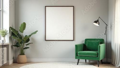 minimalistic interrior desighn with green chair and blank canvas mockup on a wall. A 3D render of a minimalist living room with a green velvet chair and a large square picture frame on a wall photo