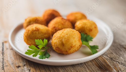 Breaded potato balls with fresh parsley on white ceramic plate. Tasty food. Delicious meal.