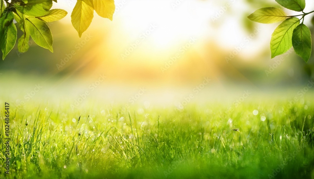 Fototapeta premium a blurry image of a field of grass with a sun shining through the leaves