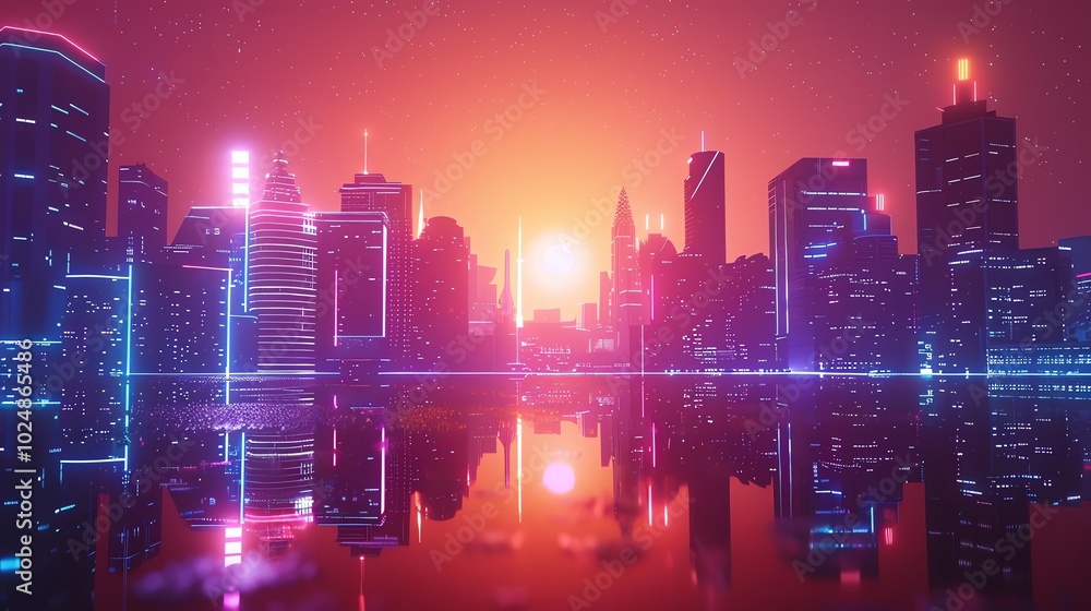Fototapeta premium A futuristic city skyline with neon lights at sunset, reflected in the water below.