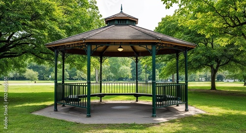 Empty park gazebo surrounded by lush greenery photo