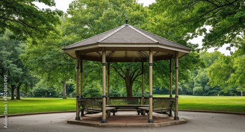 Empty park gazebo surrounded by lush greenery