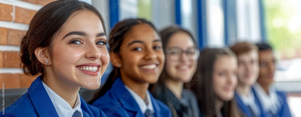 The school is surrounded by smiling students of different backgrounds The school is surrounded by smiling students of different backgrounds