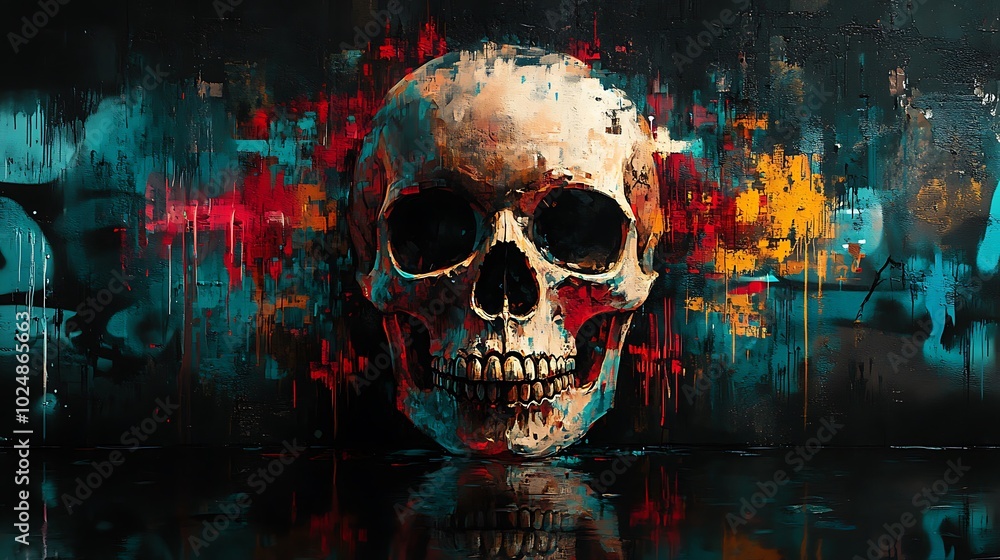 A skull mirrored against a graffiti-covered wall, with the reflection creating both symmetrical and asymmetrical elements. Neon graffiti tags in vibrant colors like red, cyan, A skull mirrored against a graffiti-covered wall, with the reflection creating both symmetrical and asymmetrical elements. Neon graffiti tags in vibrant colors like red, cyan,