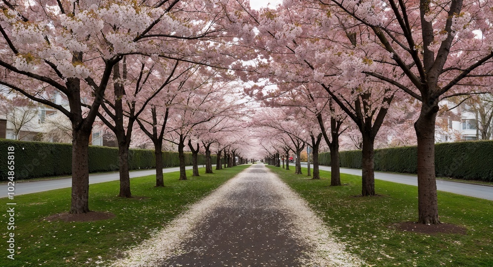 Fallen petals from cherry blossom trees scattered across path Fallen petals from cherry blossom trees scattered across path