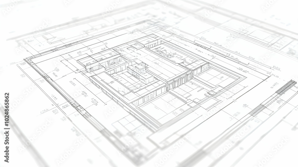 Architectural blueprint of a building with detailed plans and measurements, displayed on white paper, with a perspective view for a clear understanding of the design. Architectural blueprint of a building with detailed plans and measurements, displayed on white paper, with a perspective view for a clear understanding of the design.