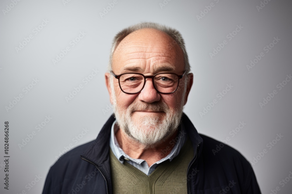 Portrait of a senior man with grey beard and glasses against grey background Portrait of a senior man with grey beard and glasses against grey background