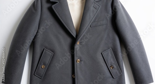 Grey wool overcoat with single button closure on plain white background