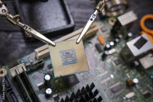 Engineer, a precise computer motherboard repair technician, uses a screwdriver to change parts, focuses on technology maintenance, repairs electronic devices, and supports ideas.