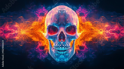 A skull perfectly mirrored on a reflective graffiti surface, with symmetrical lines and neon colors like cyan, orange, and pink blending into the reflection.