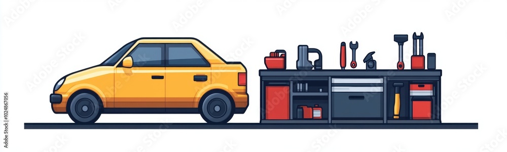 Illustration of a yellow truck with tools on the back Illustration of a yellow truck with tools on the back