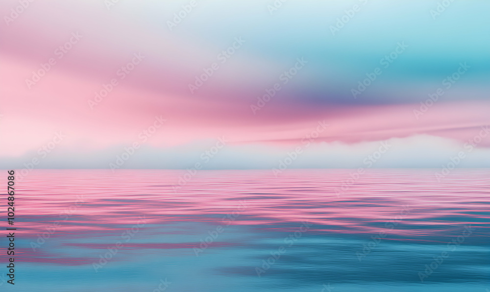 A soft and dreamy pink and blue sky reflected in the calm ocean water, creating a serene and tranquil scene. A soft and dreamy pink and blue sky reflected in the calm ocean water, creating a serene and tranquil scene.