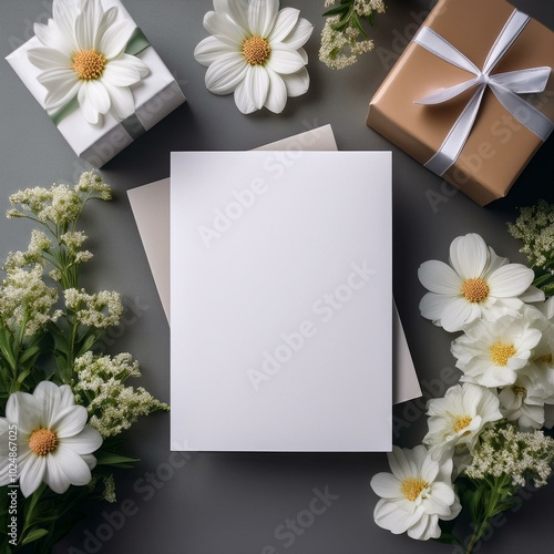 blank paper greeting card mockup with flowers and gift box white birthday card mock up with copy space for card design