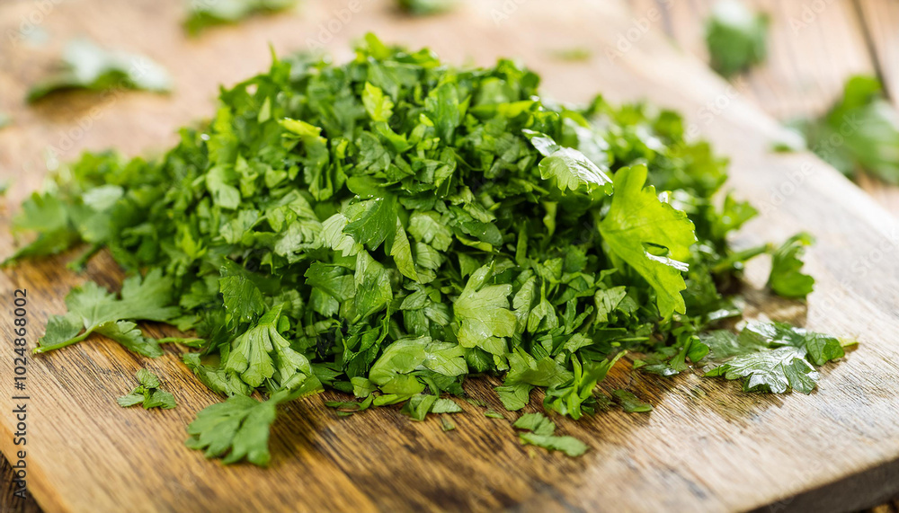 Fresh chopped parsley on wooden board. Cooking and culinary concept. Fresh chopped parsley on wooden board. Cooking and culinary concept.