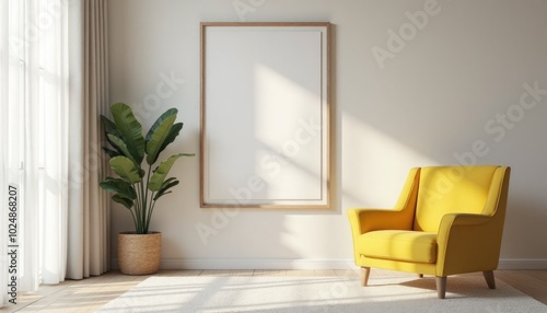 Minimalistic interrior desighn with yellow chair and blank canvas mockup on a wall. A 3D render of a minimalist living room with a yellow velvet chair and a large square picture frame on a wall